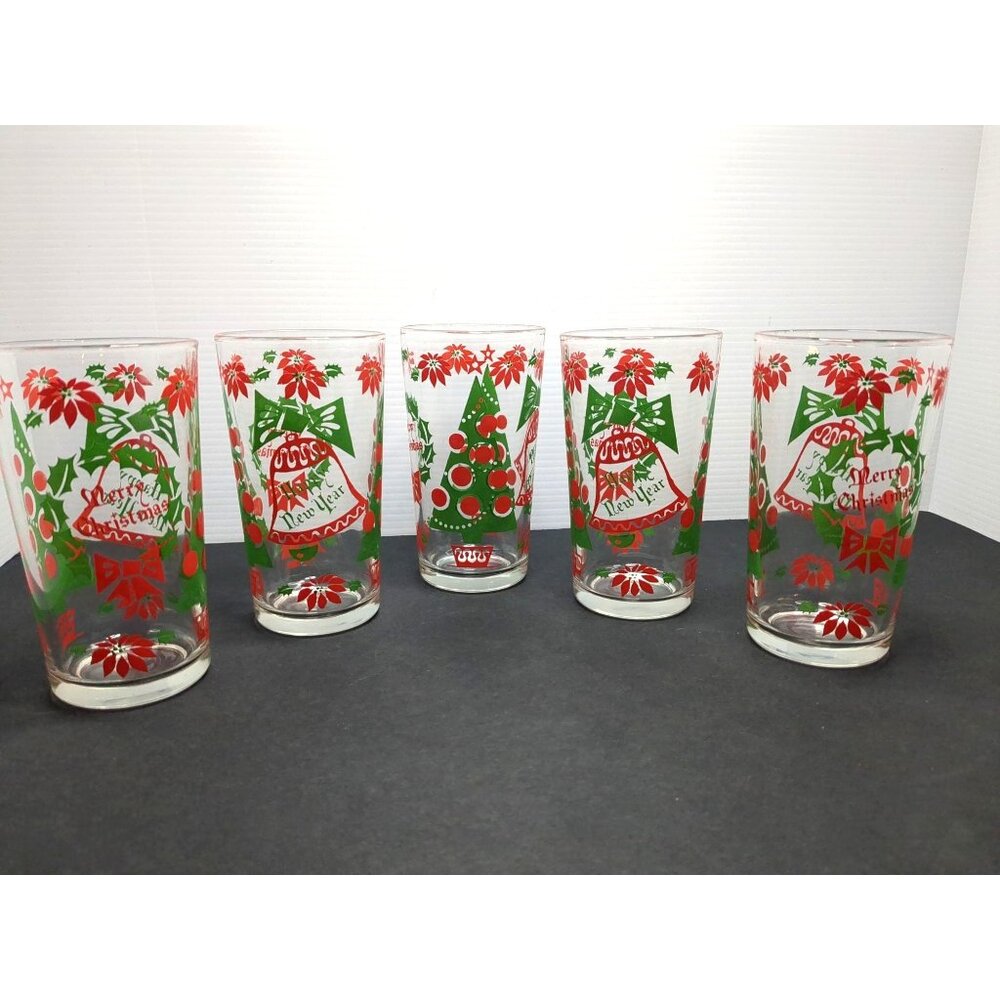 Vtg. Christmas Glasses Set Of 5 Poinsettia Bells Tree Designs Red & Green